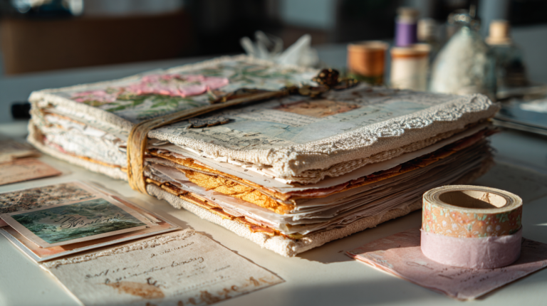Handmade junk journal with vintage papers lace and ephemera on rustic wooden table