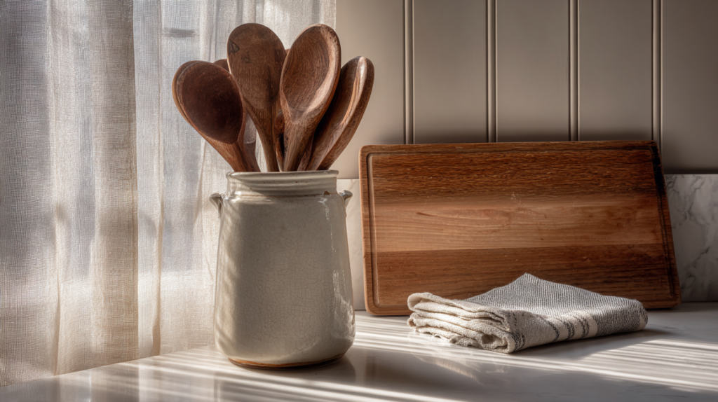 Wooden spoons and cutting board in a well-kept Southern kitchen